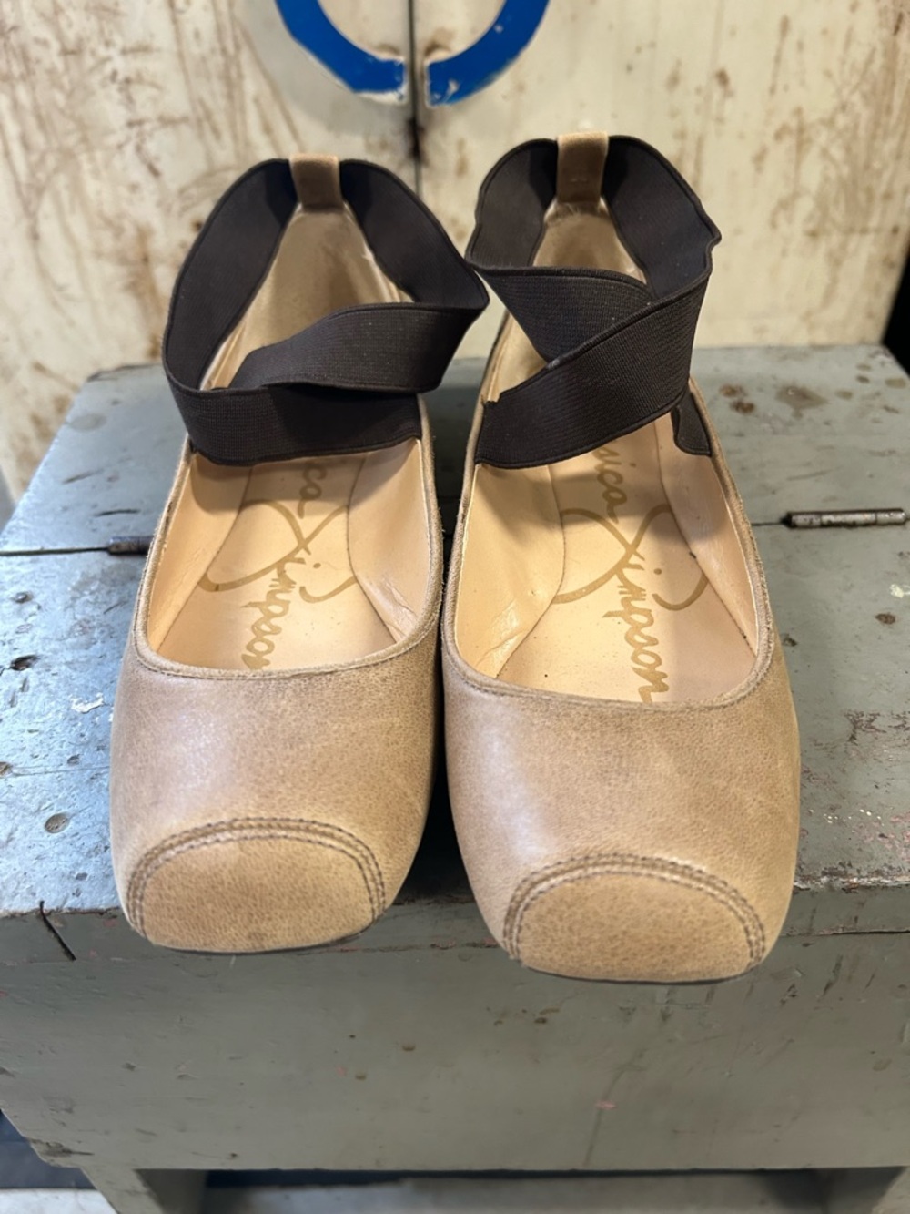 Jessica Simpson Beige Ballet Flats with Wide Black Elastic Ankle Wrap 7.5